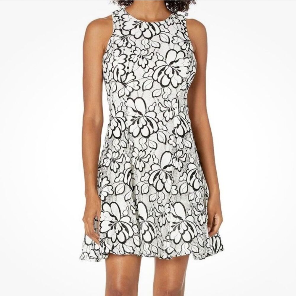Greylin Bruna Floral Lace Overlay Dress Fit & Flare Black White Sleeveless EUC M